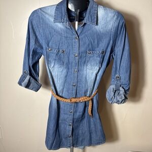 derek heart Thin Denim Full Button‎ Down Open Back Dress With Belt Large